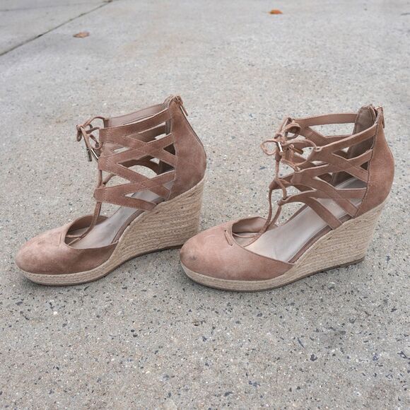 Michael Shannon Shondra Tan Suede Espadrille Wedge Sandals Lace Up Size 10 - Picture 3 of 12